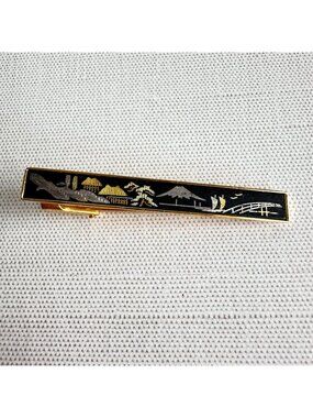 Japanese Damascene Tie Clip Mount Fuji Landscape Gold Silver 1950s